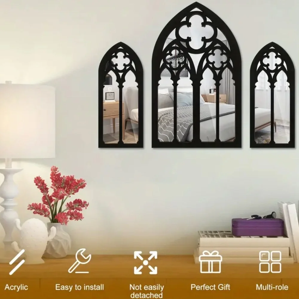 NEW! Set of 3 Gothic Cathedral Wall Mounted Wooden Mirrors!